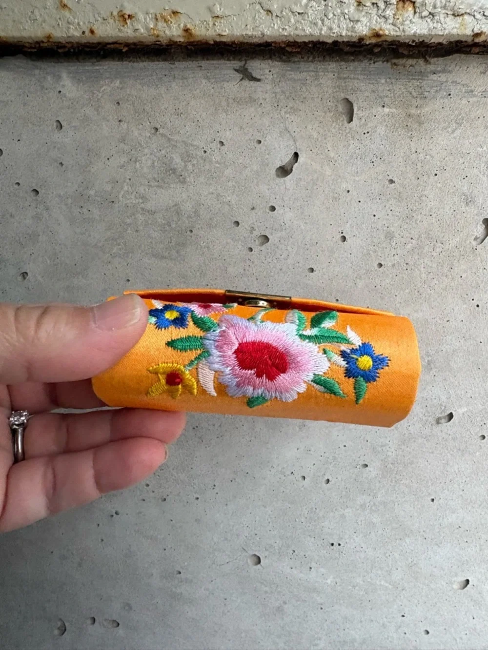 Orange Satin Embroidery Lipstick Case Holder w/ Mirror - Picture 2 of 3